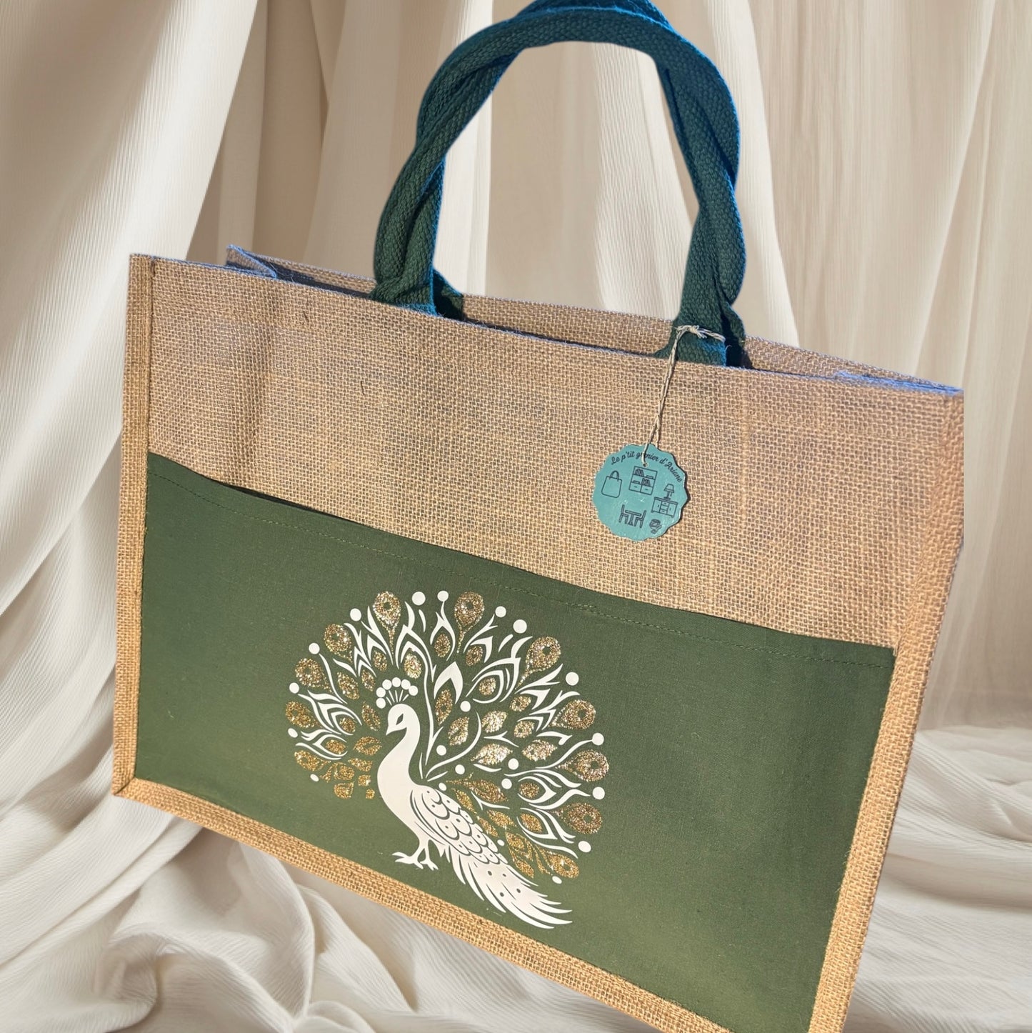Sac cabas avec poche verte - Paon blanc et paillette or