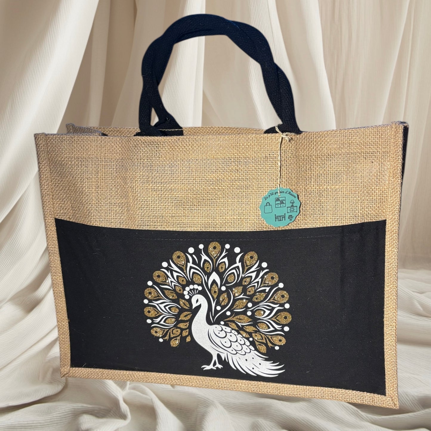 Sac cabas avec poche noire - Paon blanc et paillette or