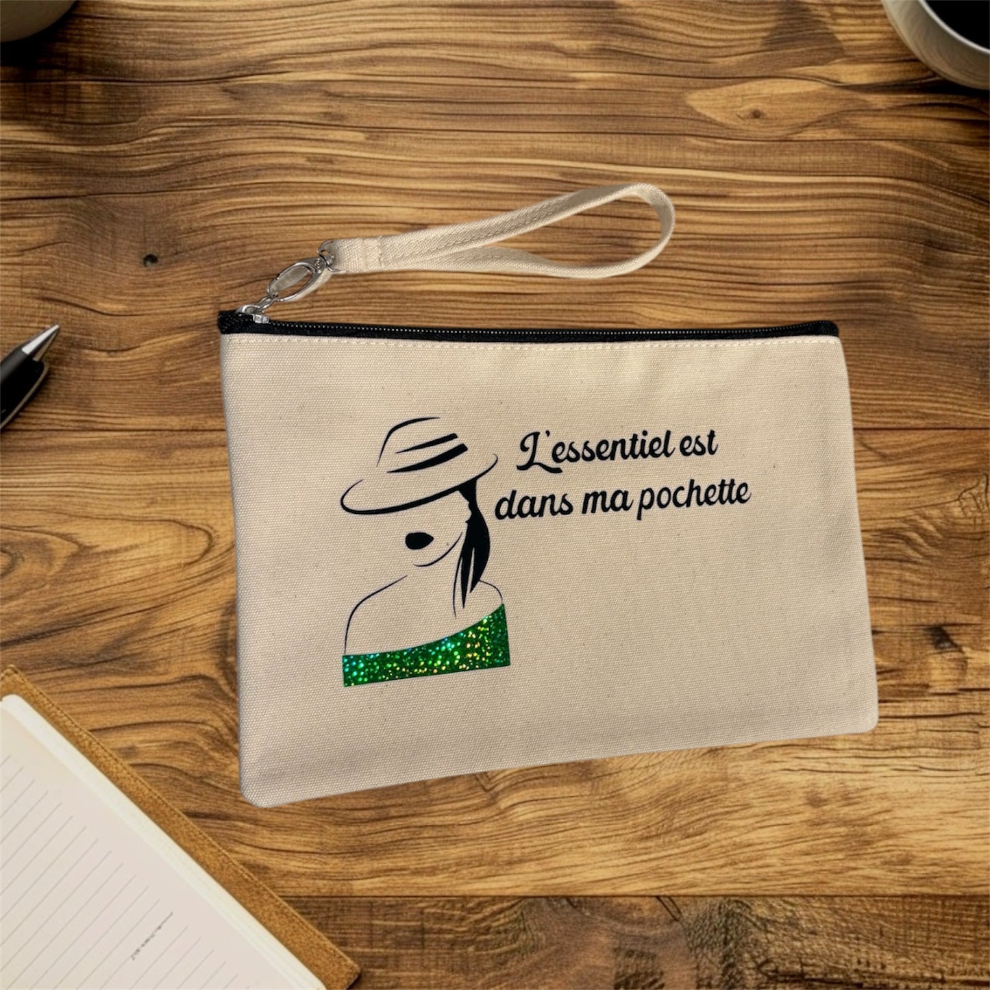 Pochette - l'essentiel est dans ma pochette (vert pailleté)