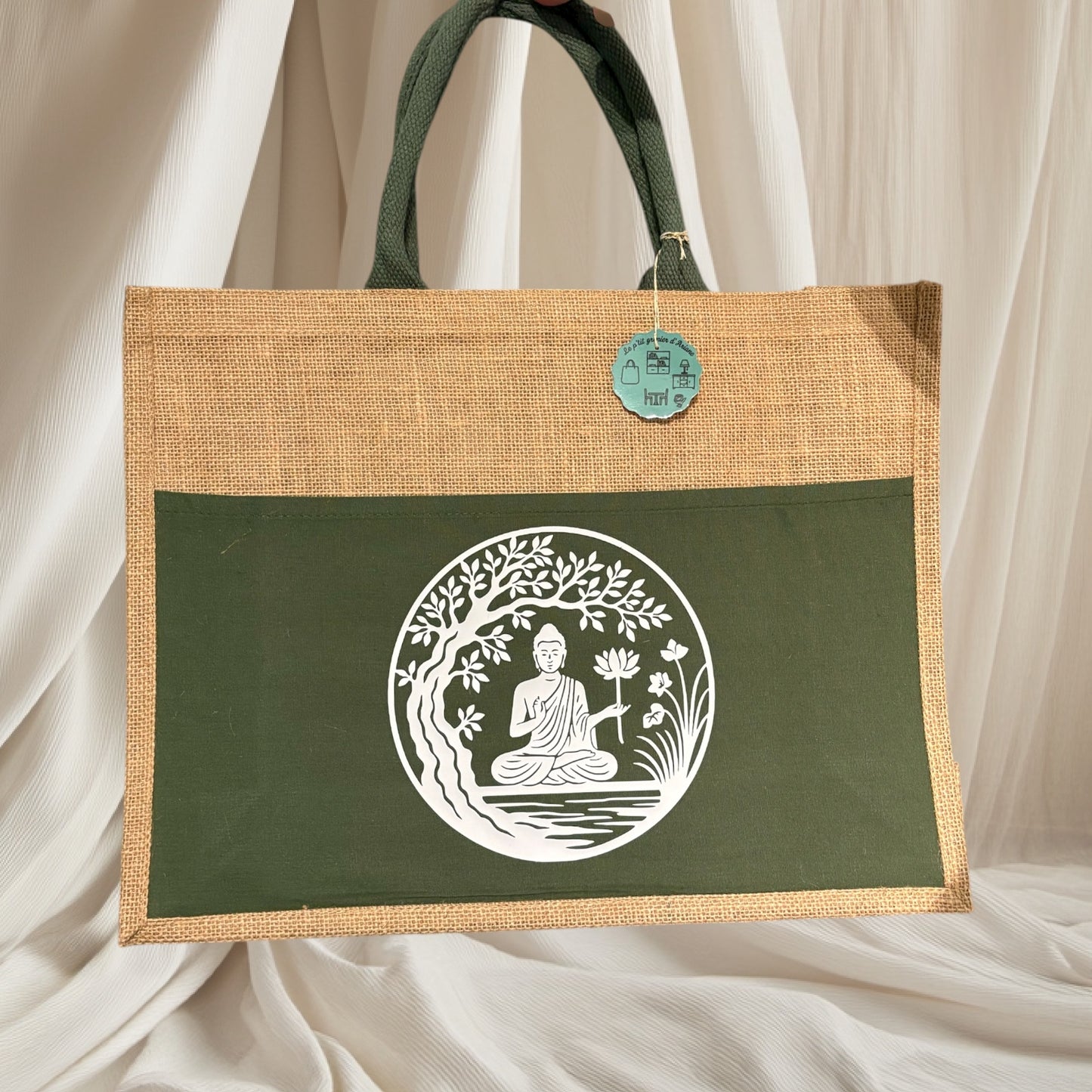 Sac cabas avec poche verte - Méditation au bord de l'eau