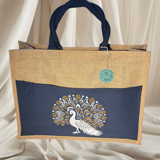 Sac cabas avec poche bleue - Paon blanc et paillette or