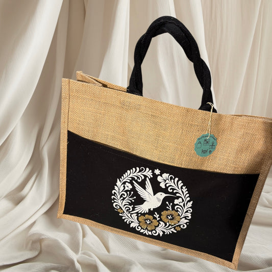 Sac cabas avec poche noire - Colibri blanc et paillette or