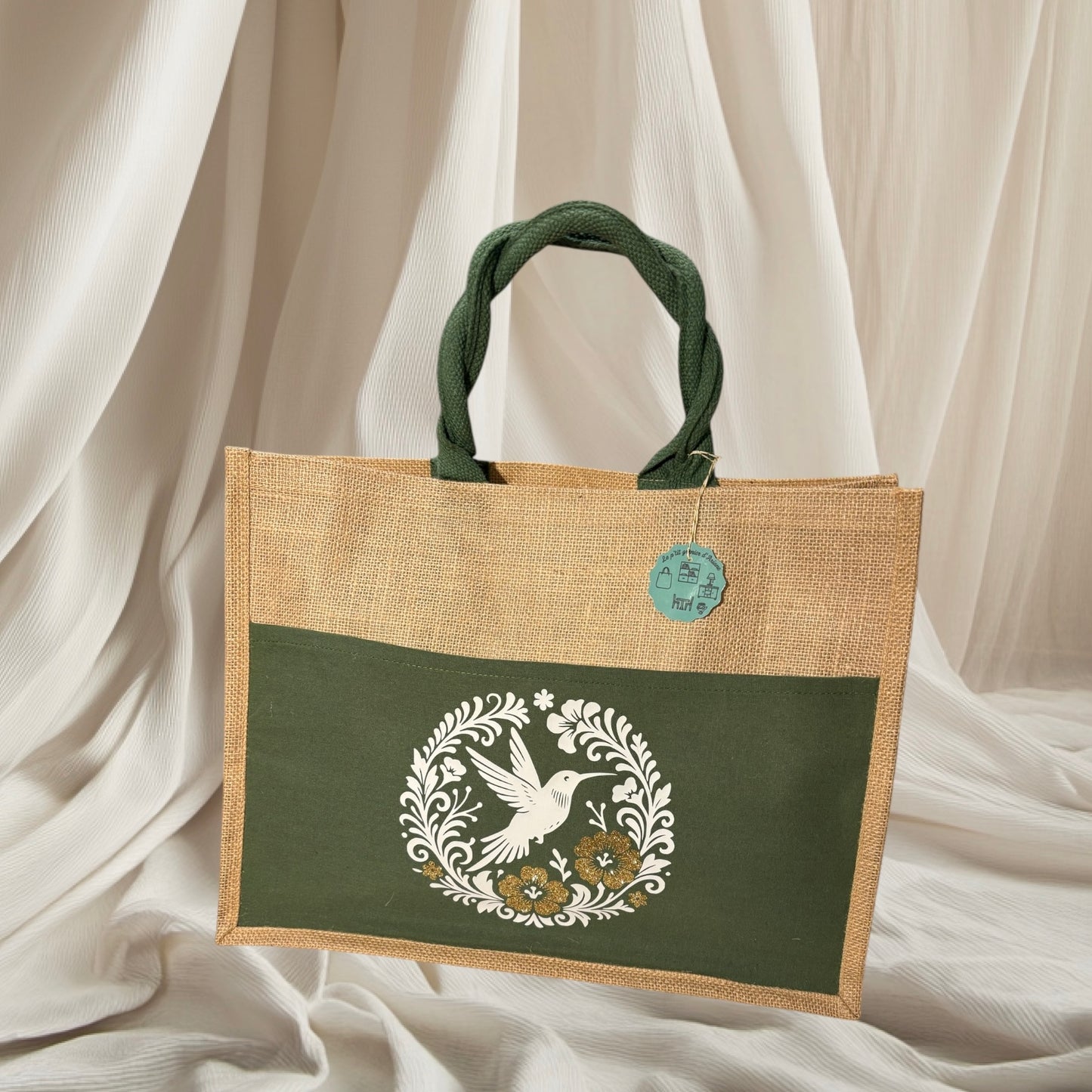 Sac cabas avec poche verte - Colibri blanc et paillette or