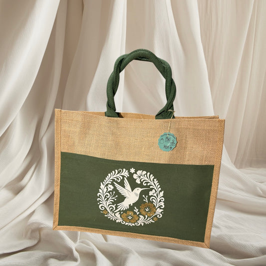 Sac cabas avec poche verte - Colibri blanc et paillette or