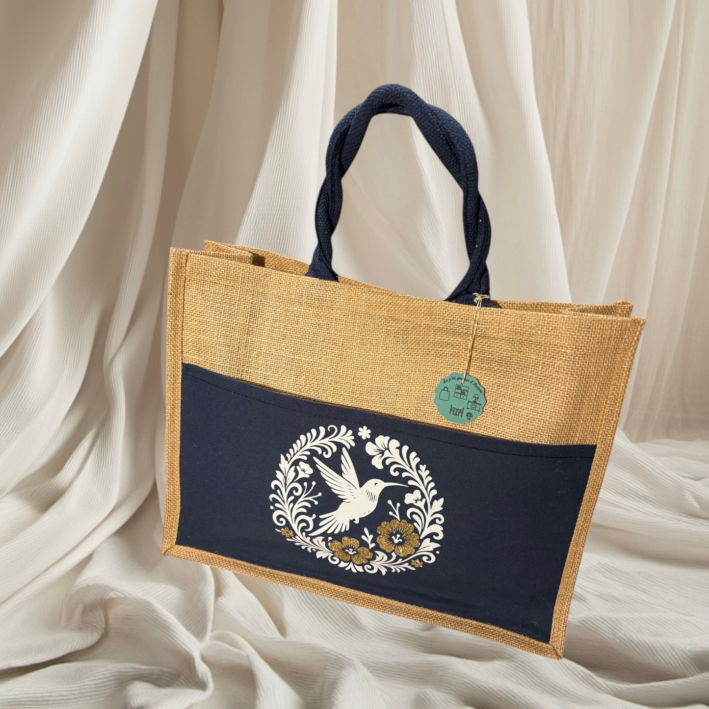 Sac cabas avec poche bleue - Colibri blanc et paillette or