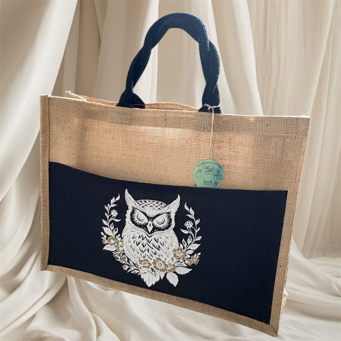 Sac cabas avec poche noire - Hibou blanc et paillette or