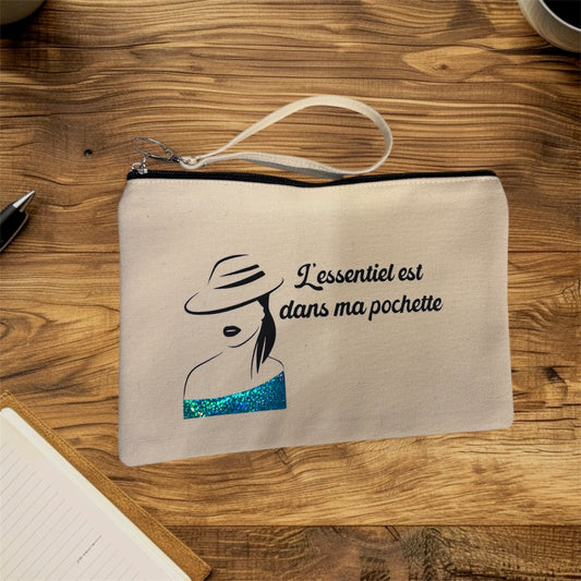 Pochette - l'essentiel est dans ma pochette - bleu turquoise pailleté