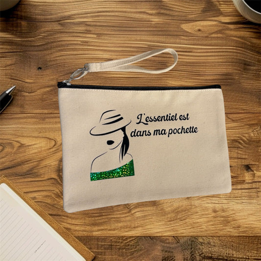 Pochette - l'essentiel est dans ma pochette (vert pailleté)