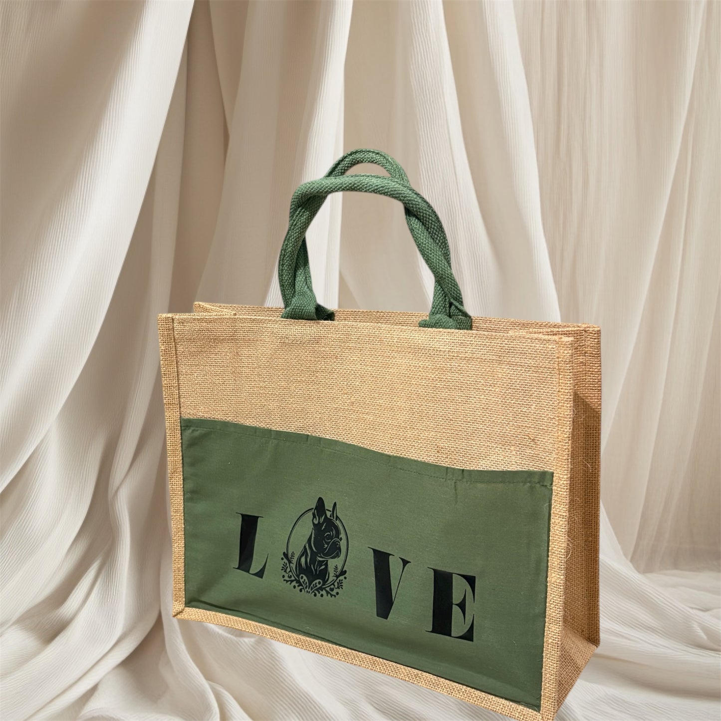 Sac cabas avec poche verte  - Bouledogue Français