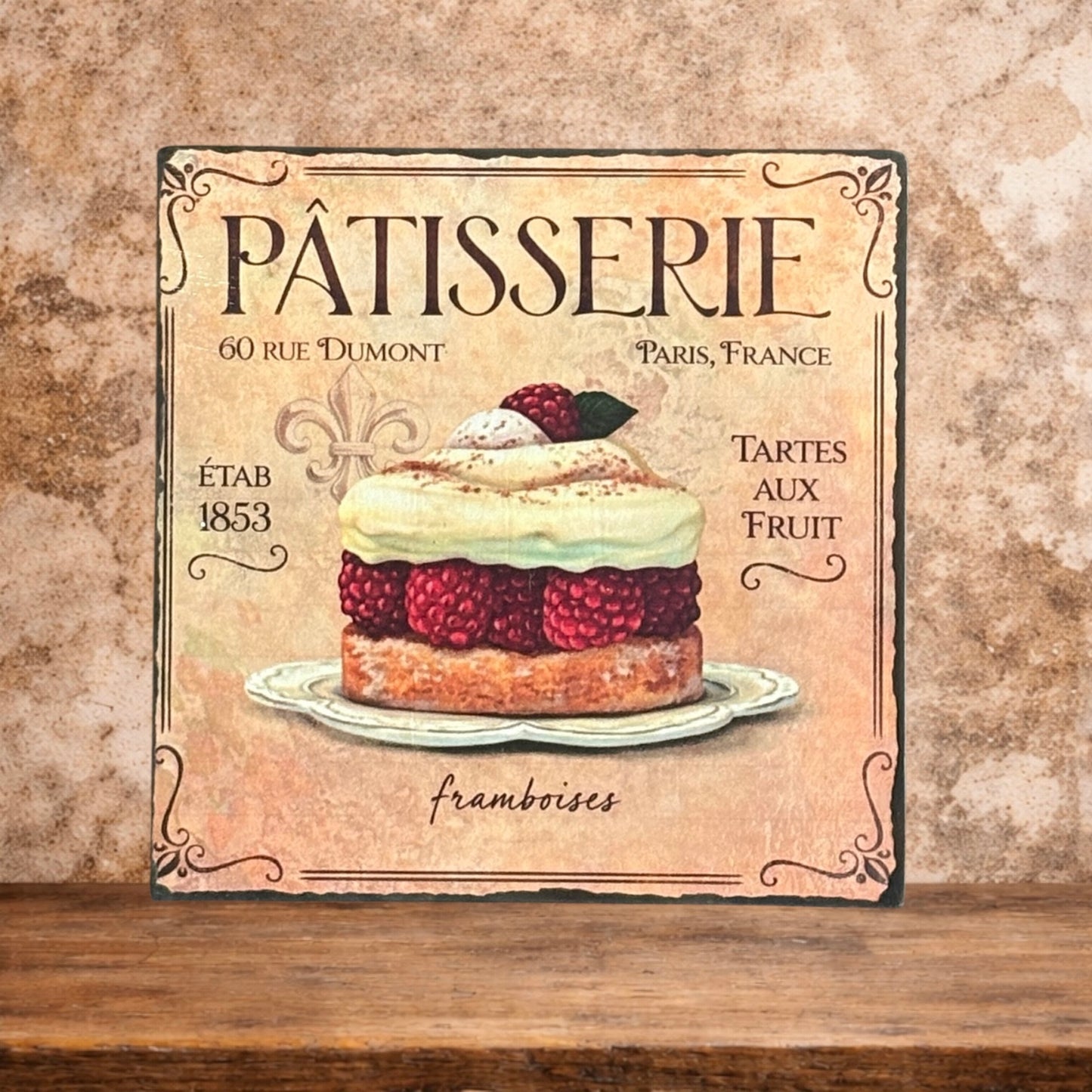 Plaque émaillée : Délice de framboises à la pâtisserie